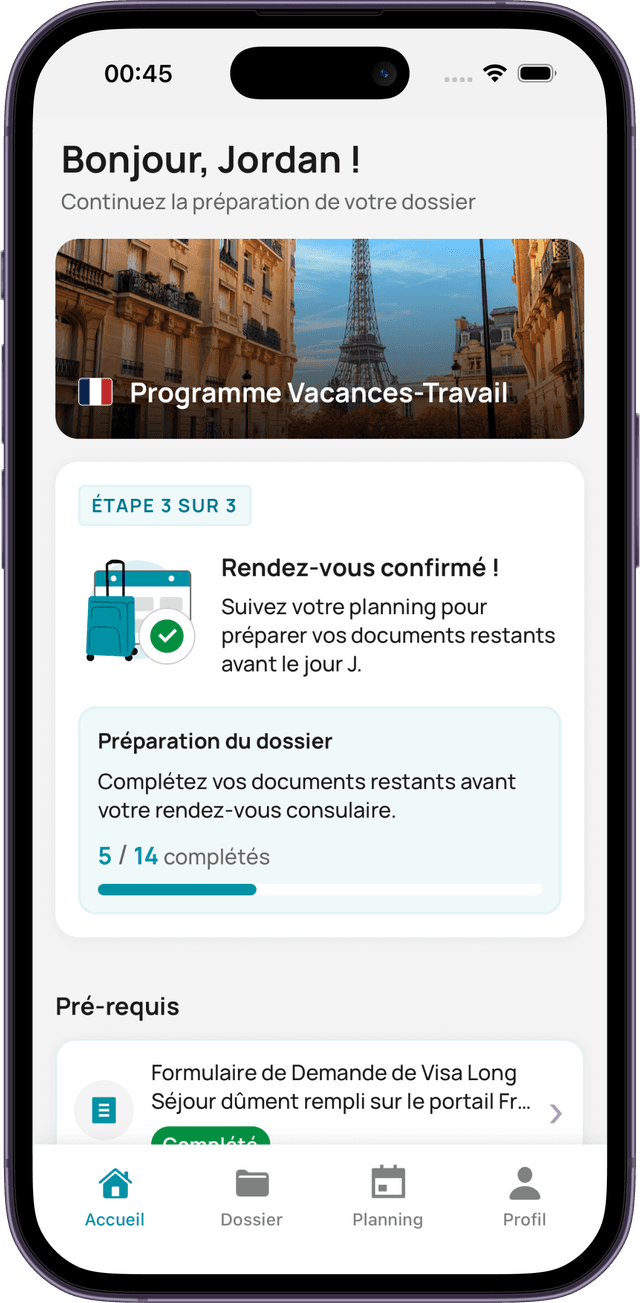 Veasy — acompanhamento de progresso dossier visto working holiday França
