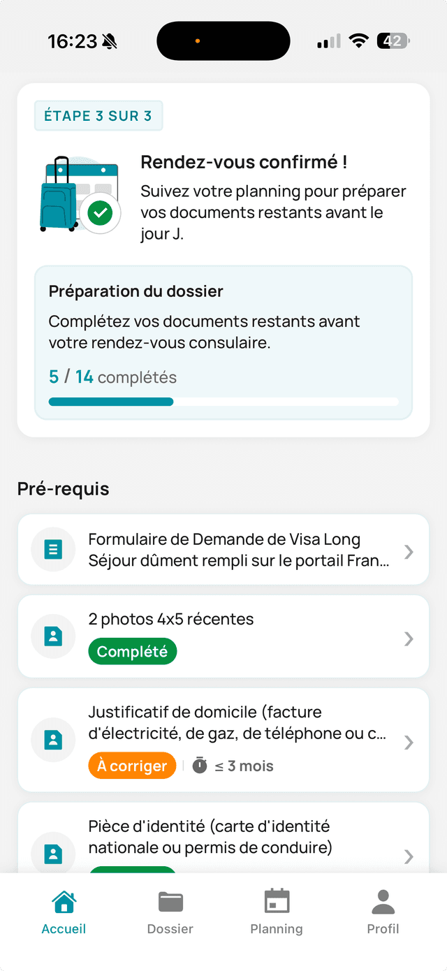 Veasy — acompanhamento de progresso dossier visto